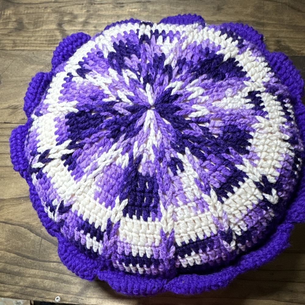 Crocheted Decorative Pillow 16 in Purple & White Boho Textured